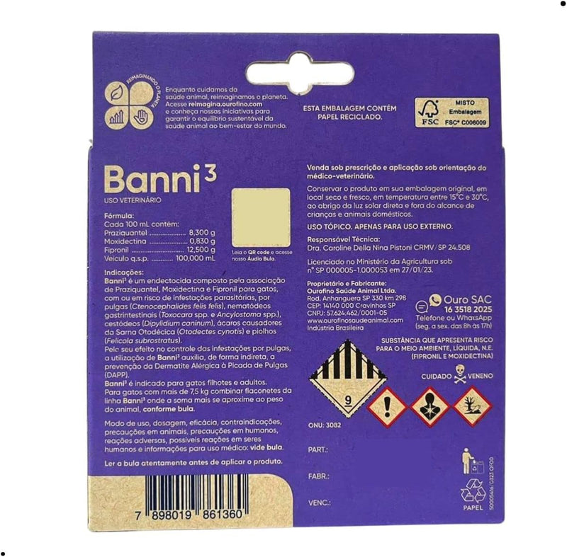 Banni3 Vermífugo para Gatos até 2,6 a 7,5kg Ourofino